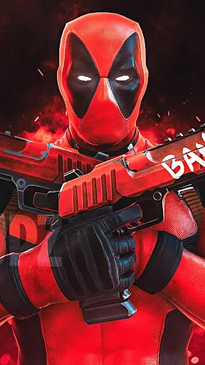 HD wallpaper displaying Deadpool character in red suit with weapons on dark red background