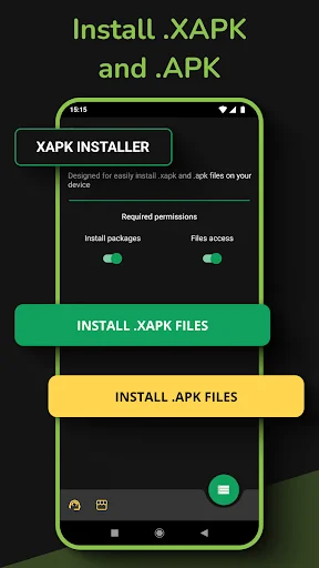 XAPK Installer app home screen displaying installation options for .xapk and .apk files with green and yellow buttons