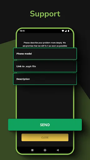 Support form screen with input fields for phone model, .xapk file link, and problem description
