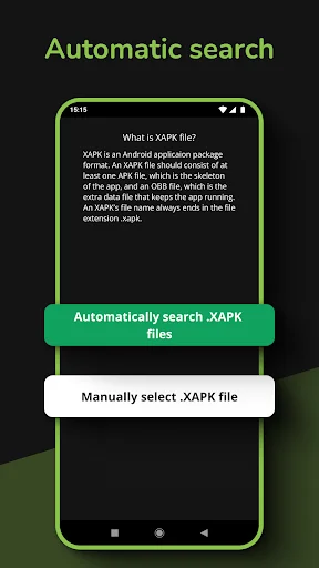 XAPK file format information with automatic search feature and manual file selection option