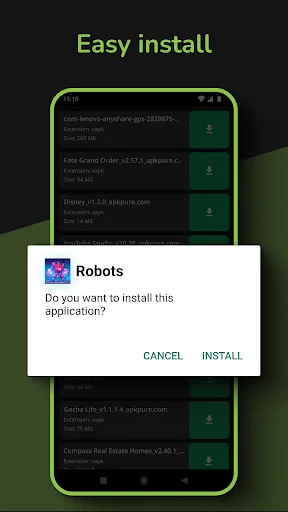 Installation confirmation popup for Robots app asking permission with Cancel and Install buttons