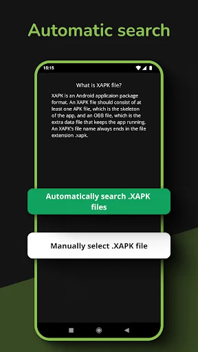 XAPK file format information with automatic search feature and manual file selection option