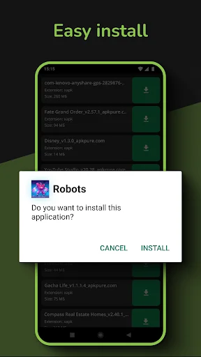 Installation confirmation popup for Robots app asking permission with Cancel and Install buttons