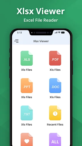 Xlsx Viewer home screen with file type categories: XLS, PDF, PPT, DOC, TXT icons and Recent Files section for easy document access