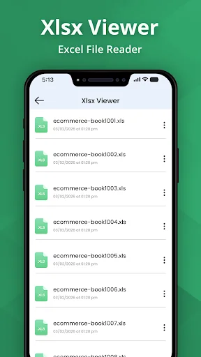 Xlsx Viewer file list displaying multiple ecommerce Excel spreadsheets with dates, file sizes, and menu options for file management
