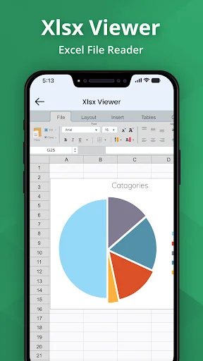 Xlsx Viewer open spreadsheet with formatting toolbar, sheet tabs, and colorful pie chart titled Categories showing data distribution