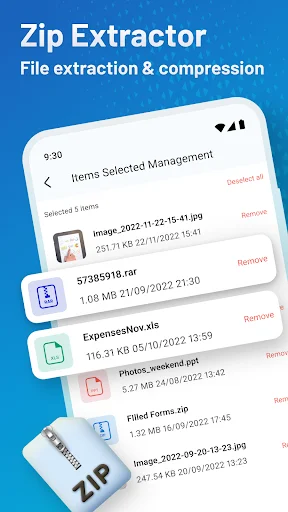 Zip Extractor items selected management interface showing multiple files with individual remove options