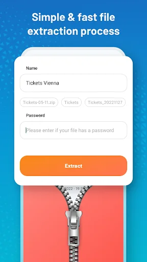 Zip Extractor extract dialog with file name input field and password protection field for secure extraction